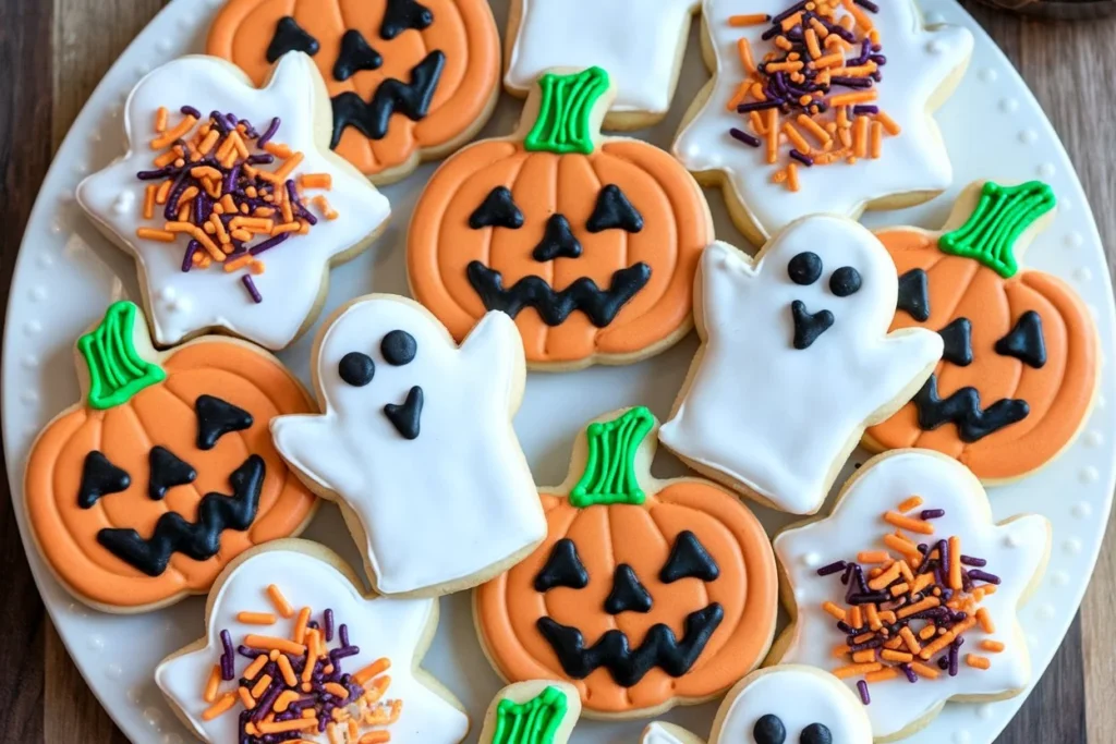 A plate of freshly baked Pillsbury Halloween cookies shaped like pumpkins and ghosts.

