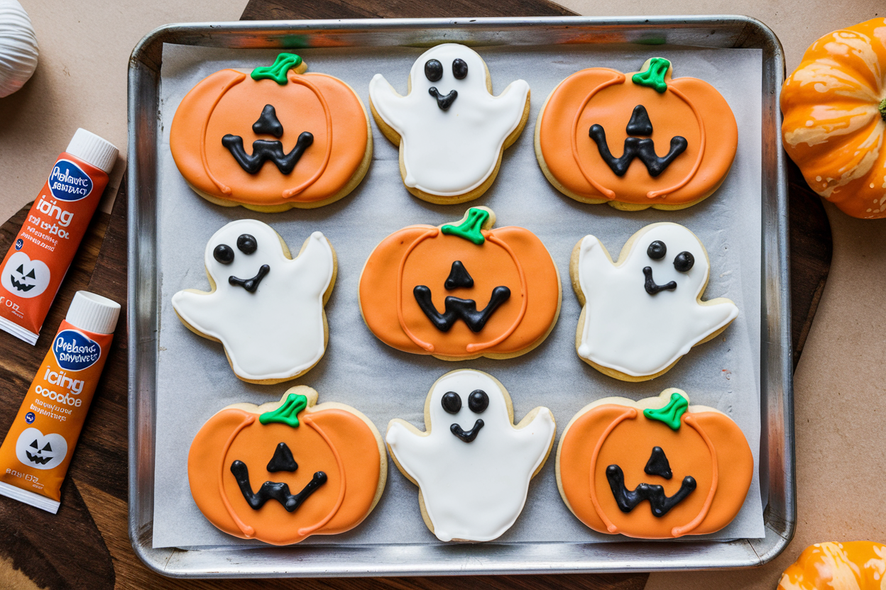 Pumpkin and ghost-shaped Pillsbury Halloween cookies freshly baked on a tray, ready for decorating.