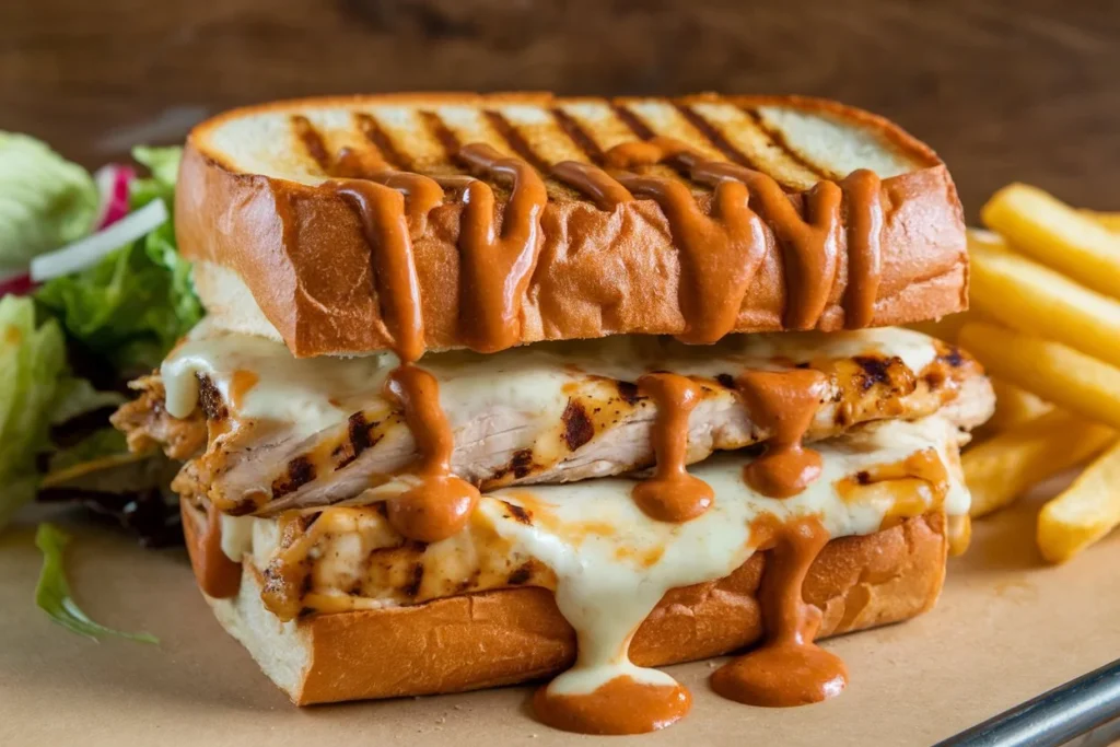 Chicken Chipotle Sandwich with melted cheese and chipotle sauce on toasted bread.