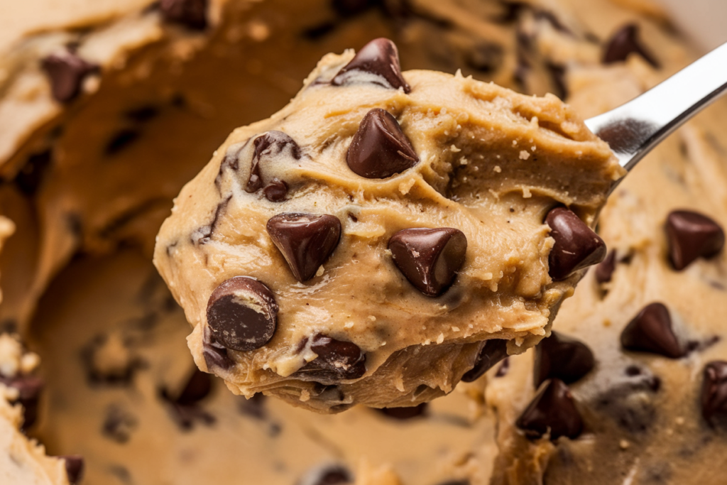 A close-up of edible cookie dough made with heat-treated flour and chocolate chips, safe to eat without baking.

