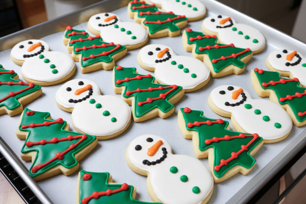 A tray of Pillsbury holiday cookies shaped like Christmas trees and snowmen, ready to bake.