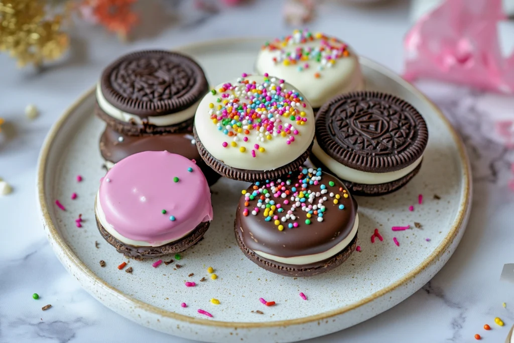 Chocolate covered Oreos with colorful toppings arranged on a plate.