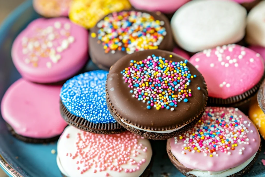 "Chocolate covered Oreos with colorful toppings arranged on a plate."

