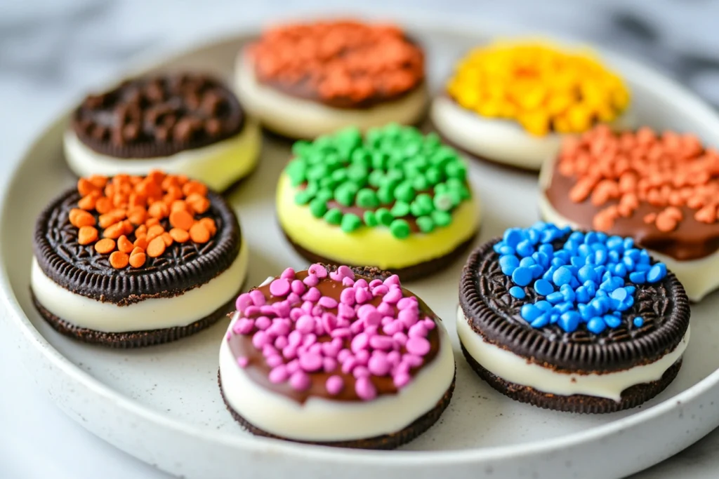 "Chocolate covered Oreos with colorful toppings arranged on a plate."

