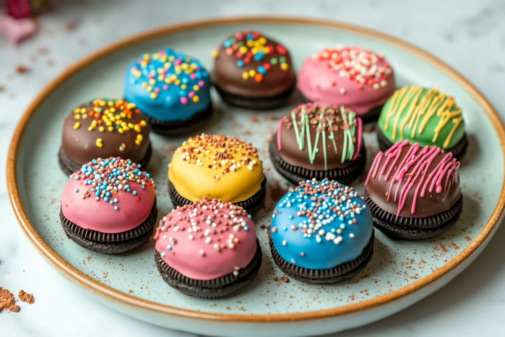 "Chocolate covered Oreos with colorful toppings arranged on a plate."

