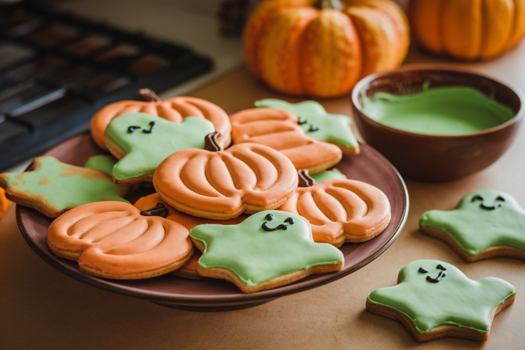 A plate of Pillsbury Halloween cookies shaped like pumpkins and ghosts, freshly baked and ready to be decorated.

