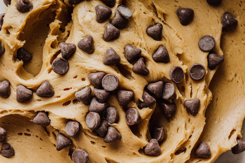 A close-up of edible cookie dough made with heat-treated flour and chocolate chips, safe to eat without baking.

