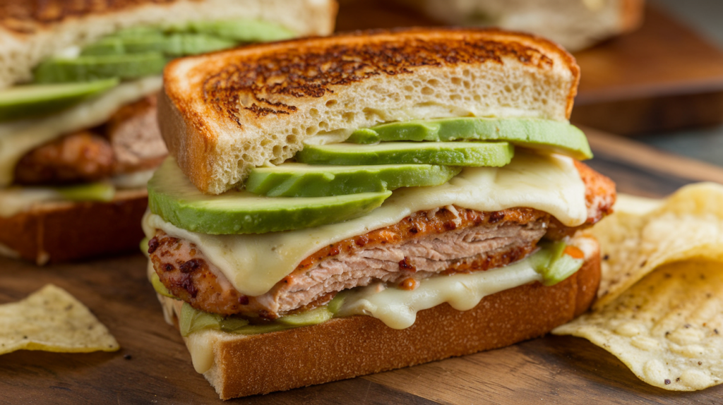 Chipotle chicken avocado melt sandwich on toasted ciabatta bread