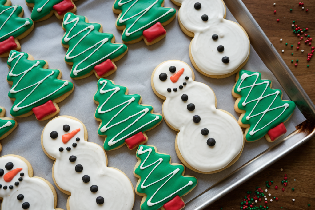 A tray of Pillsbury holiday cookies shaped like Christmas trees and snowmen, ready to bake.

