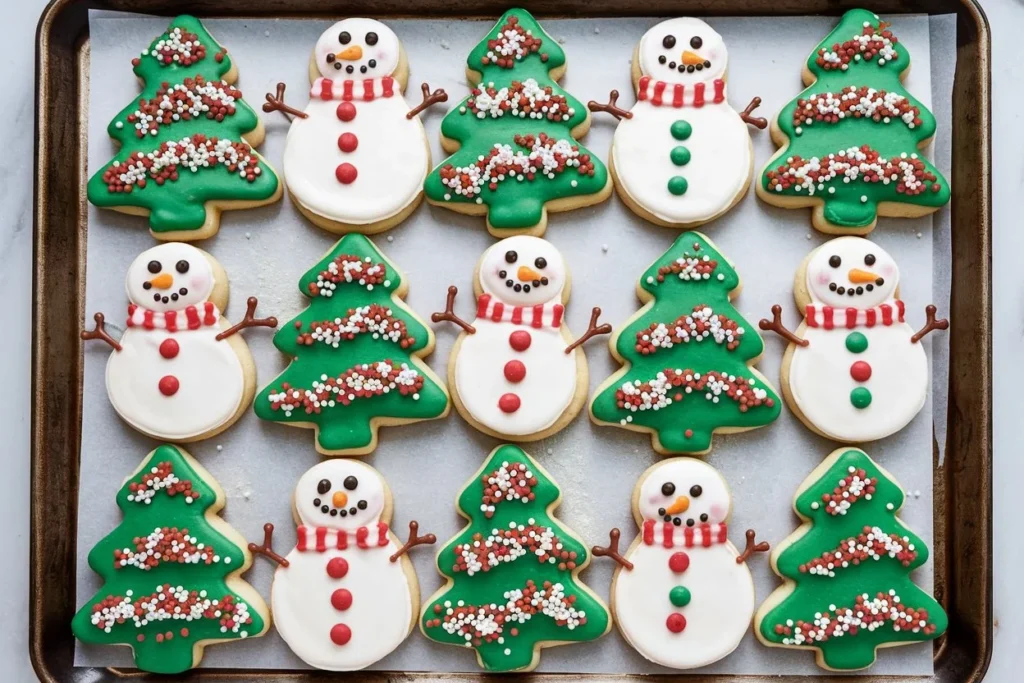 A tray of Pillsbury holiday cookies shaped like Christmas trees and snowmen, ready to bake.

