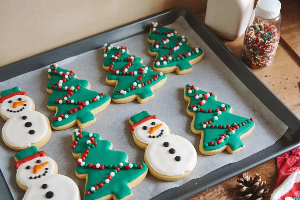 A tray of Pillsbury holiday cookies shaped like Christmas trees and snowmen, ready to bake.

