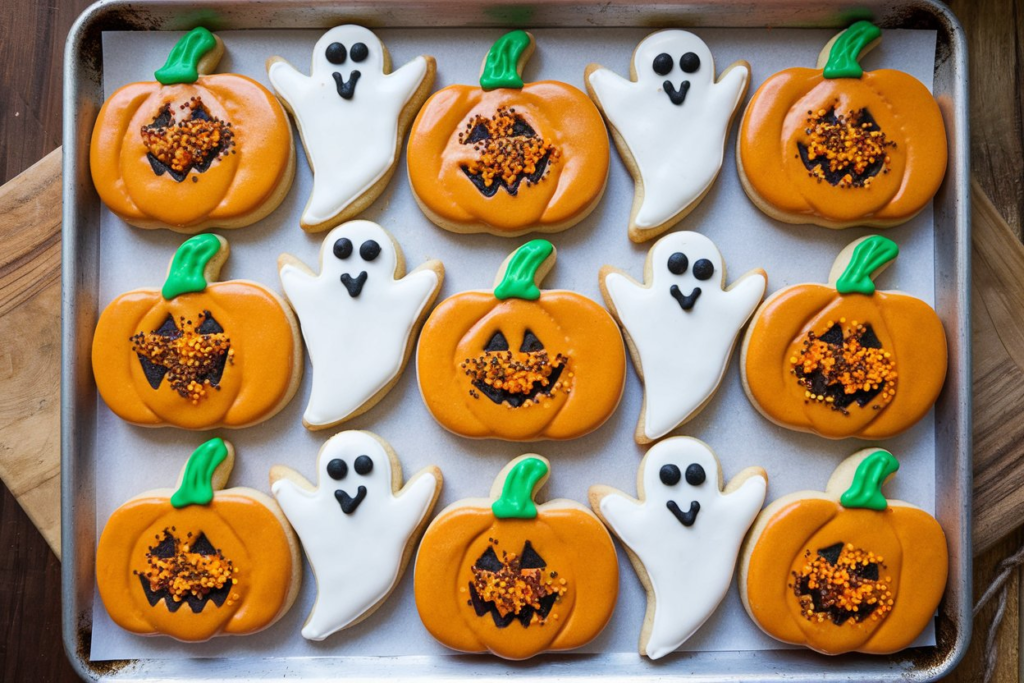 Pumpkin and ghost-shaped Pillsbury Halloween cookies freshly baked on a tray, ready for decorating.

