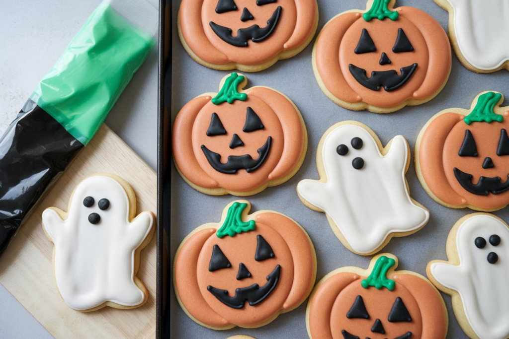 Pumpkin and ghost-shaped Pillsbury Halloween cookies freshly baked on a tray, ready for decorating.

