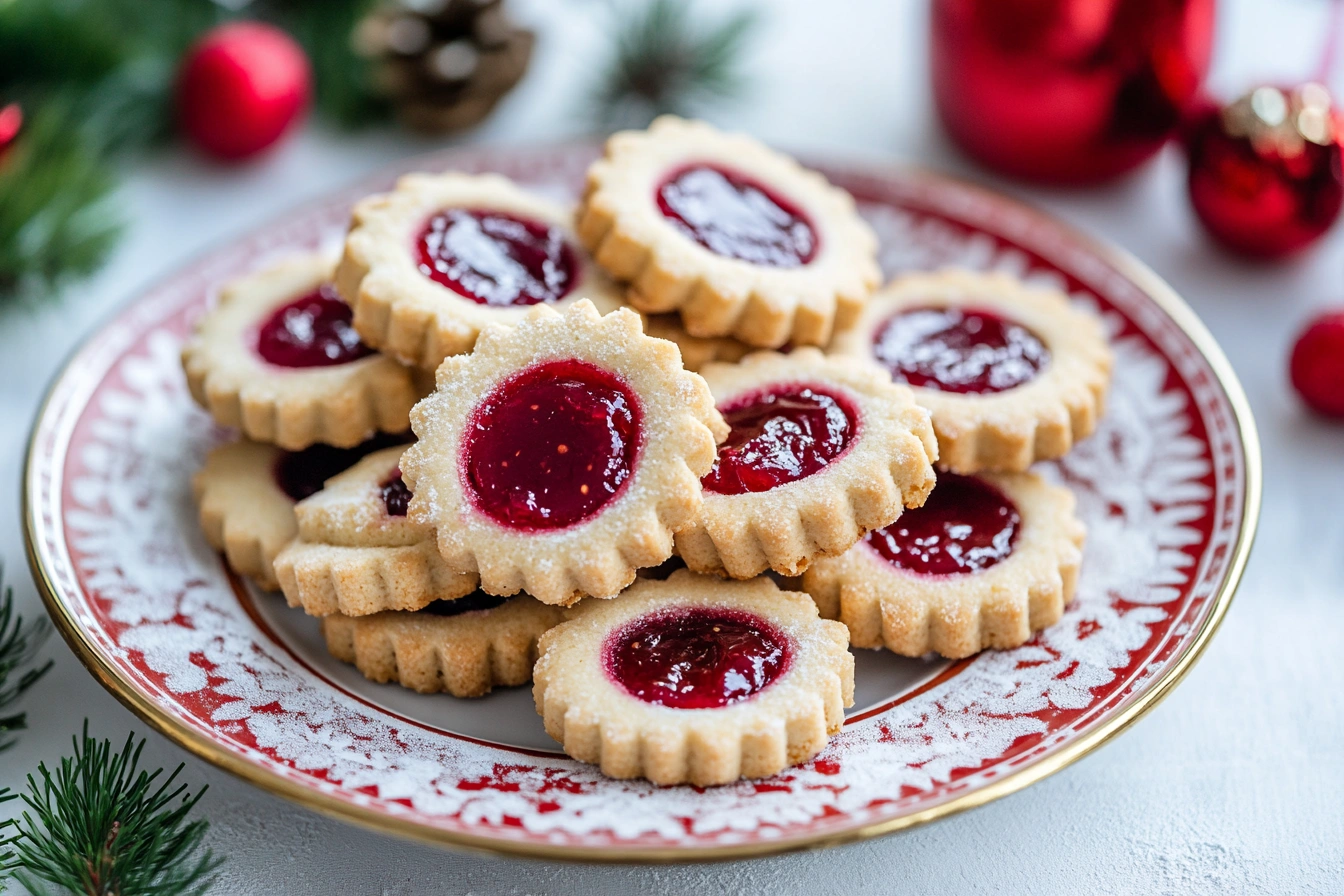 Linzer cookies with raspberry jam on a festive plate