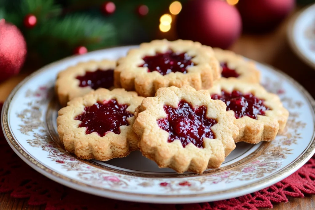 Linzer cookies with raspberry jam on a festive plate.

