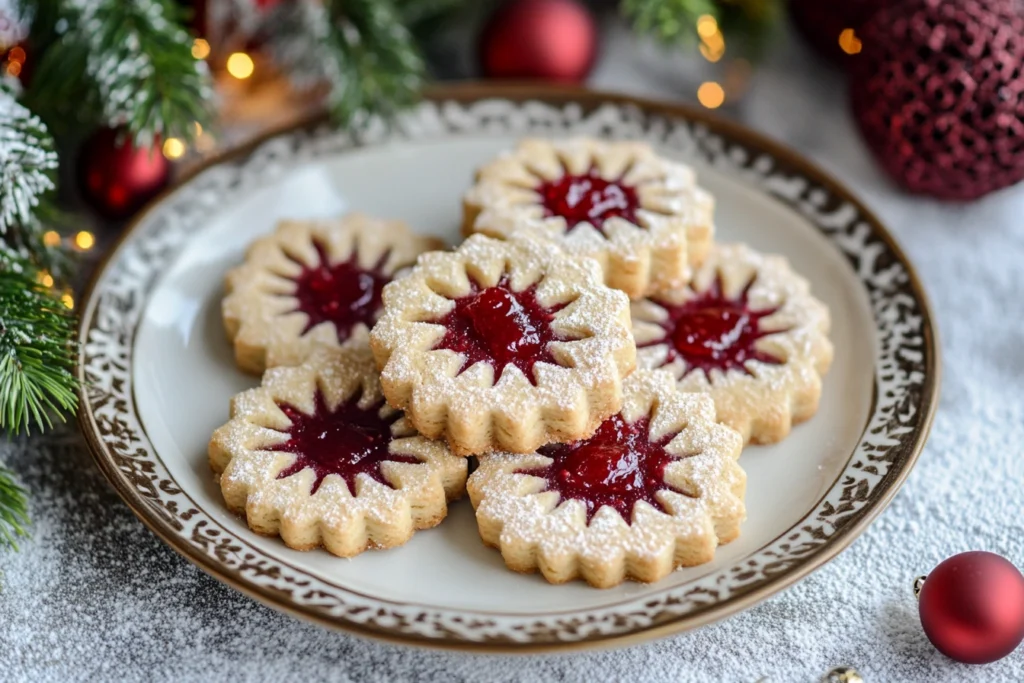 Linzer cookies with raspberry jam on a festive plate.

