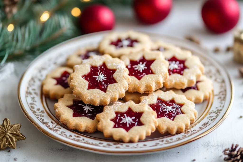 Linzer cookies with raspberry jam on a festive plate.

