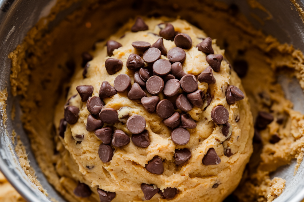 A close-up of edible cookie dough made with heat-treated flour and chocolate chips, safe to eat without baking.

