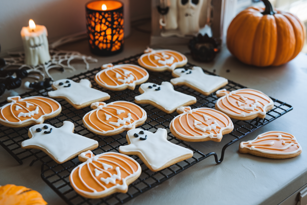 Freshly baked Pillsbury Halloween cookies in pumpkin and ghost shapes cooling on a wire rack, ready to be enjoyed or decorated.

