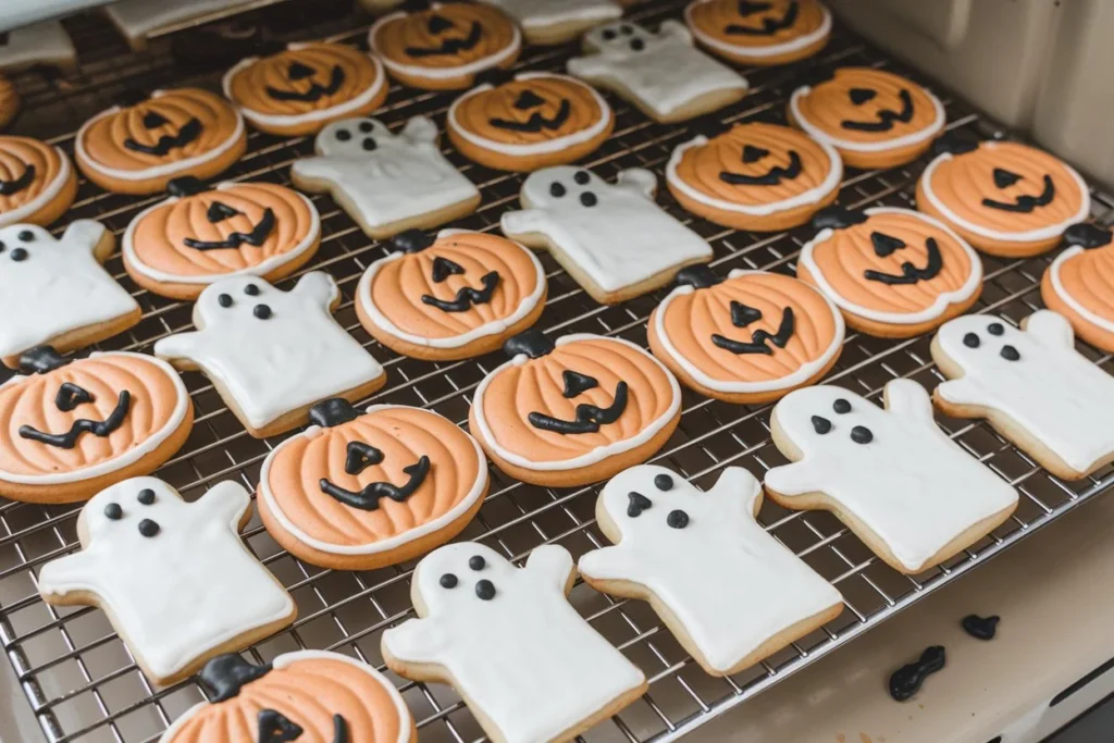 Freshly baked Pillsbury Halloween cookies in pumpkin and ghost shapes cooling on a wire rack, ready to be enjoyed or decorated.

