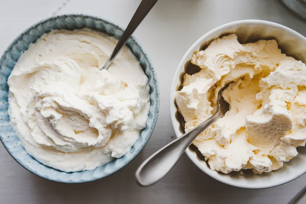 Smooth whipped cottage cheese next to regular chunky cottage cheese in two bowls, showing the difference in texture.

