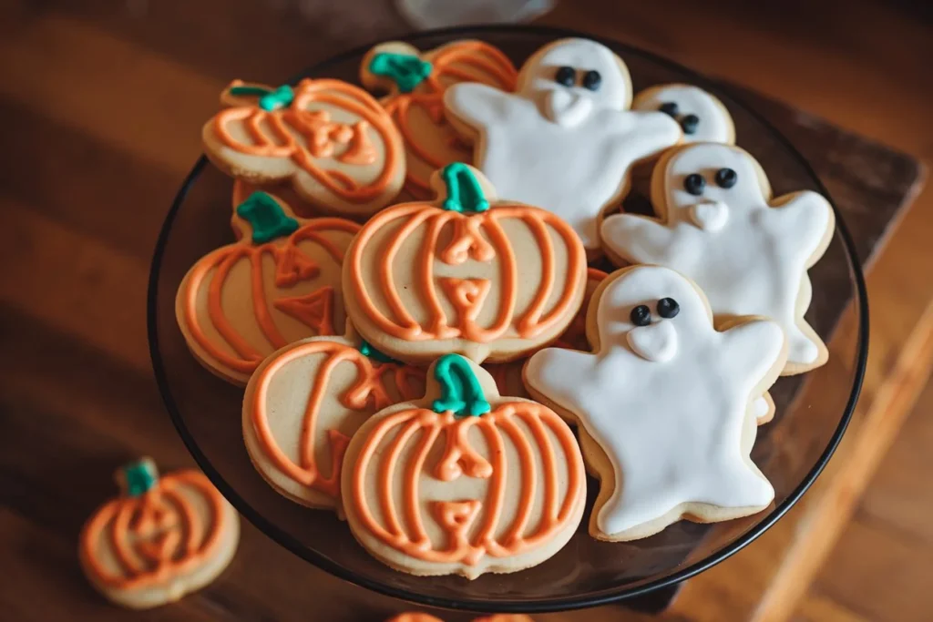 A plate of freshly baked Pillsbury Halloween cookies shaped like pumpkins and ghosts.

