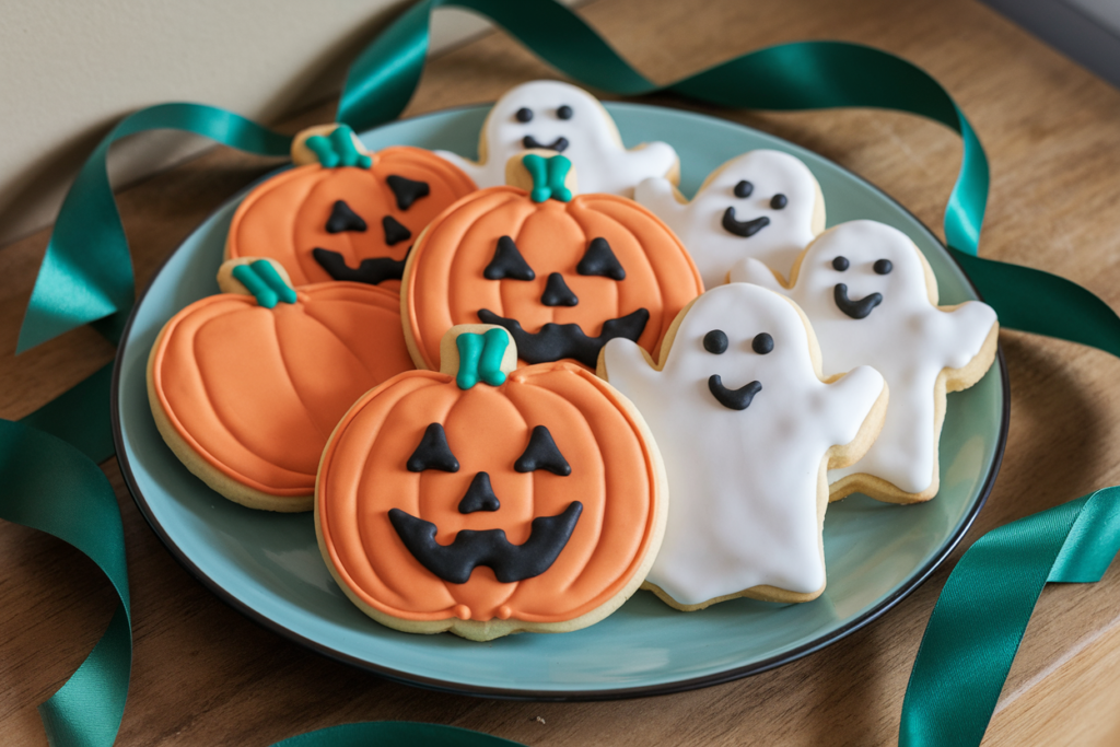 A plate of Pillsbury Halloween cookies shaped like pumpkins and ghosts, freshly baked and ready to be decorated.

