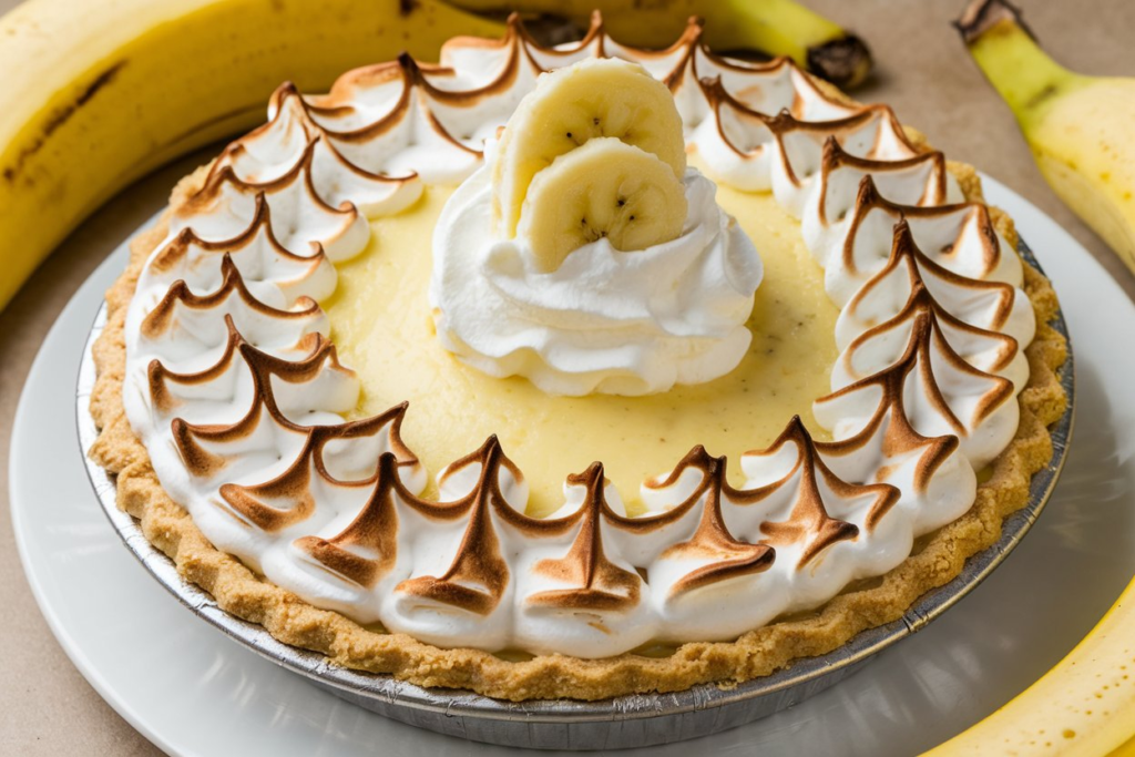 A freshly made banana cream pie topped with whipped cream and banana slices, ready to serve.

