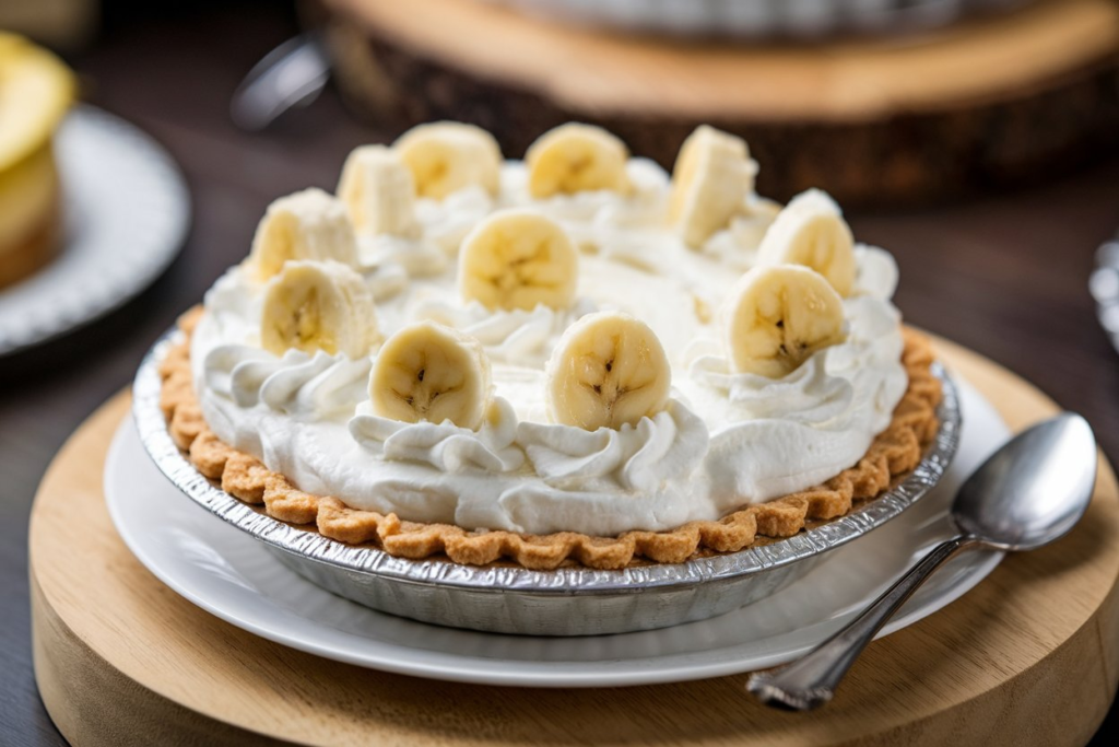 A freshly made banana cream pie topped with whipped cream and banana slices, ready to serve.

