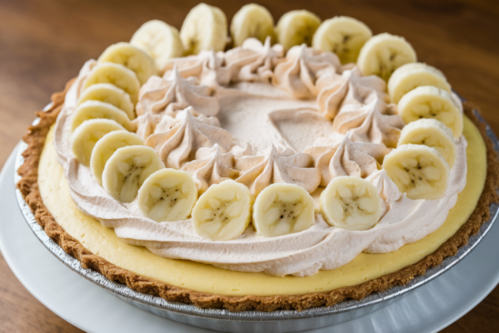 A freshly made banana cream pie topped with whipped cream and banana slices, ready to serve.

