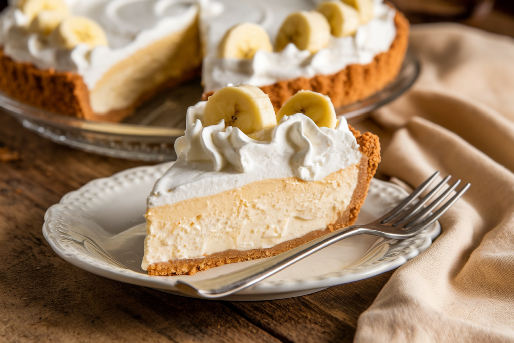 A slice of banana cream pie topped with whipped cream and banana slices, served on a dessert plate.