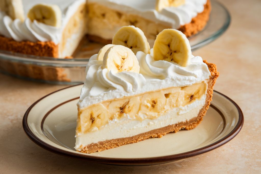 A slice of banana cream pie topped with whipped cream and banana slices, served on a dessert plate.

