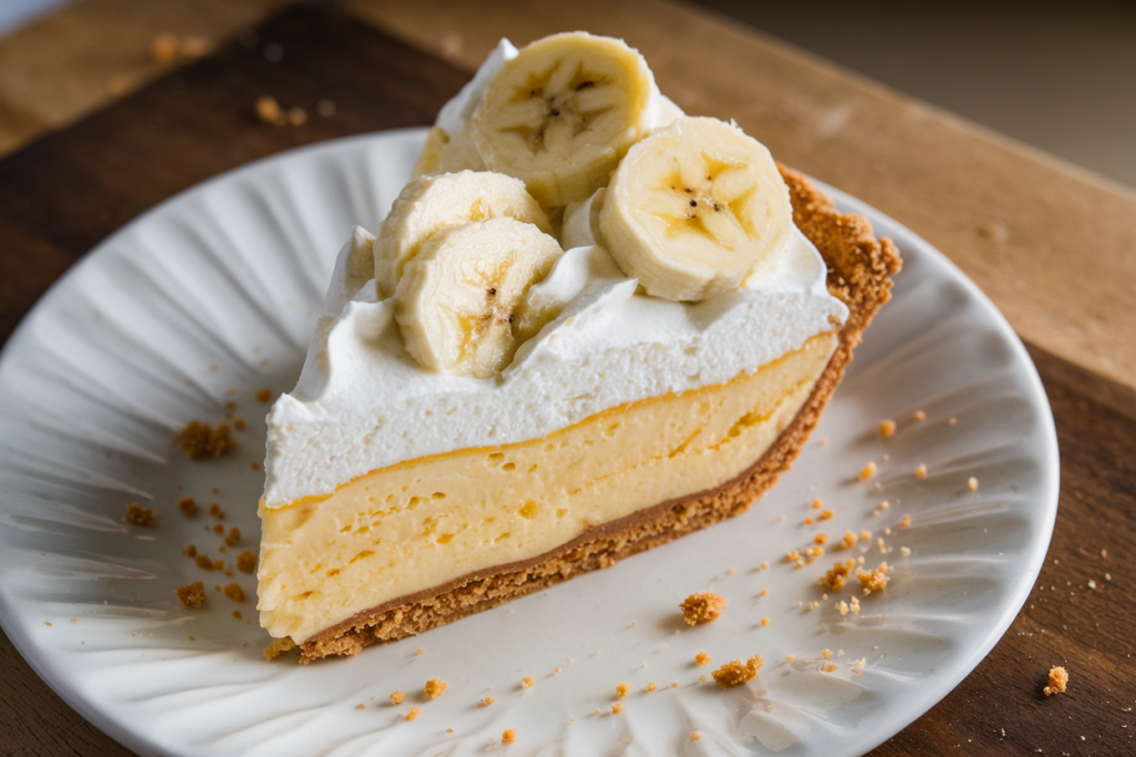 A slice of banana cream pie topped with whipped cream and banana slices, served on a dessert plate.

