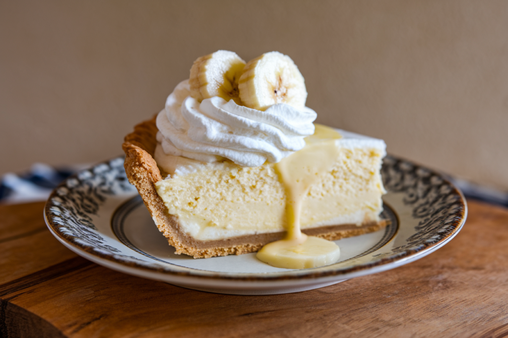 A slice of banana cream pie topped with whipped cream and banana slices, served on a dessert plate.

