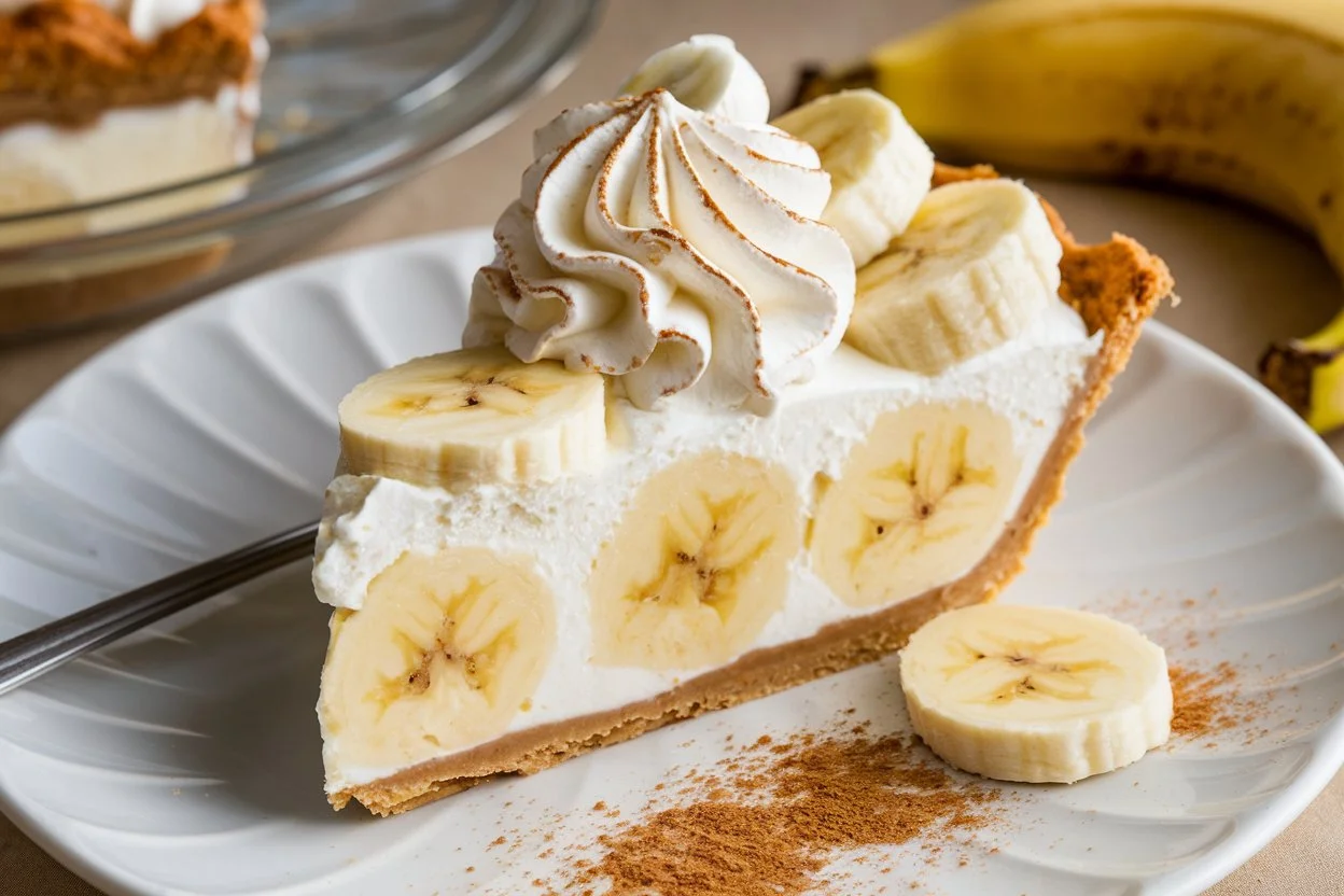 A slice of banana cream pie with whipped cream on top, served on a white plate.