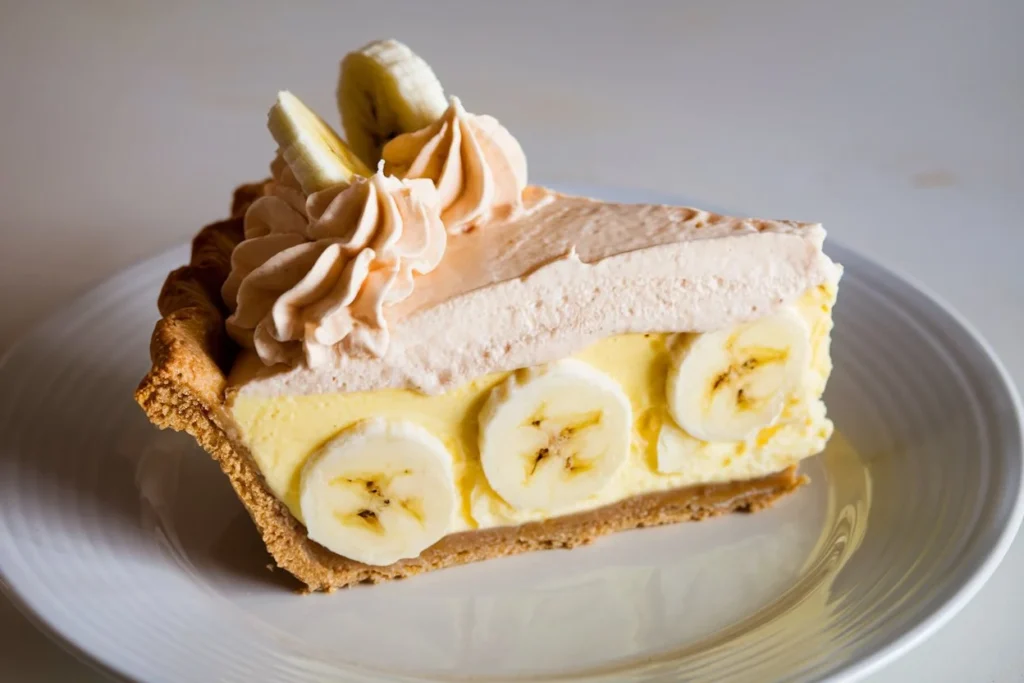 A slice of banana cream pie with whipped cream on top, served on a white plate.

