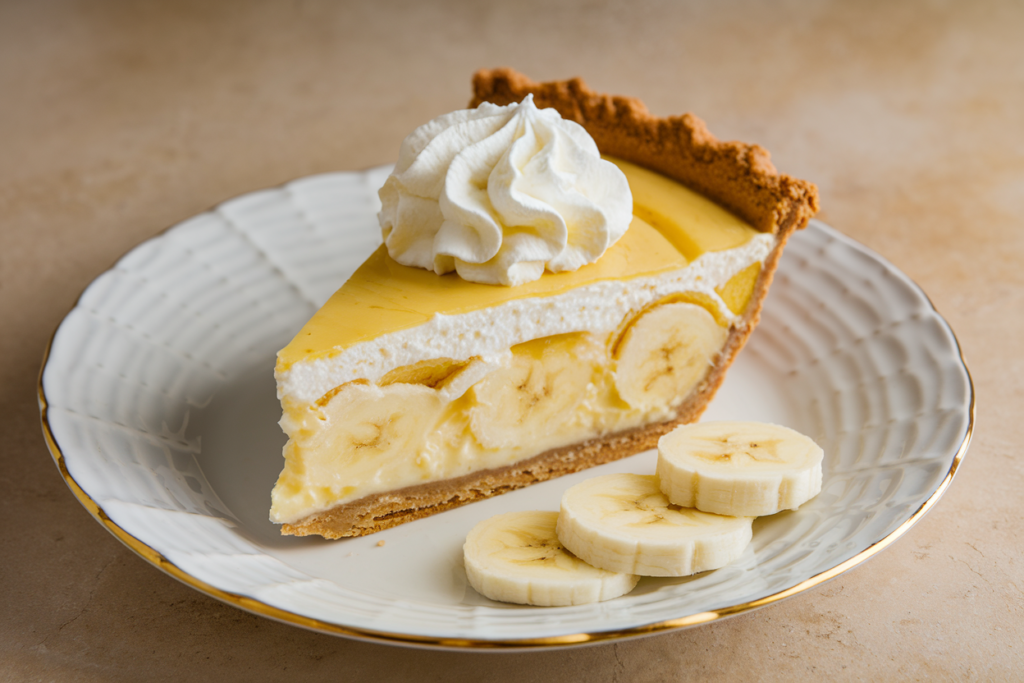 A slice of banana cream pie with whipped cream on top, served on a white plate.

