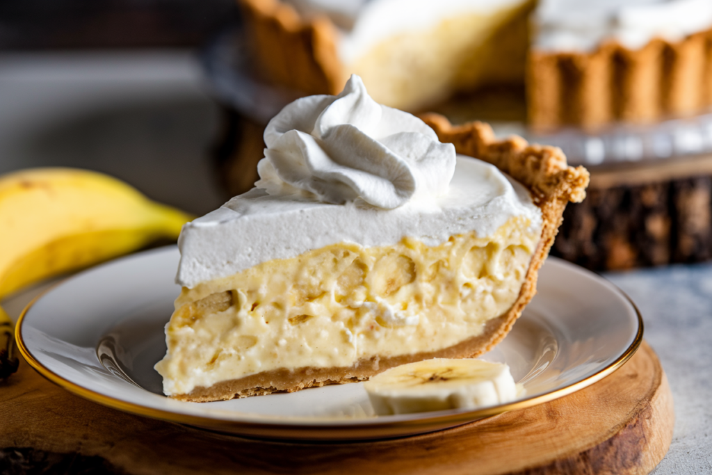 A slice of banana cream pie with whipped cream on top, served on a white plate.

