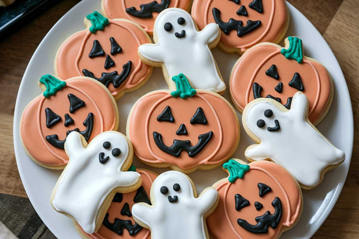 A plate of Pillsbury Halloween cookies shaped like pumpkins and ghosts, freshly baked and ready to be decorated.