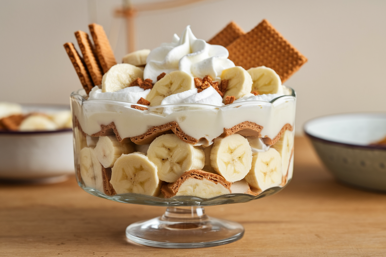 A delicious serving of banana cream pudding with layers of bananas, vanilla wafers, and whipped cream in a glass dish.