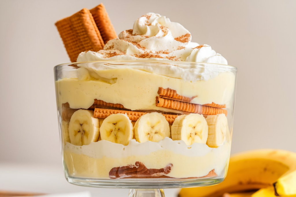 A delicious serving of banana cream pudding with layers of bananas, vanilla wafers, and whipped cream in a glass dish.

