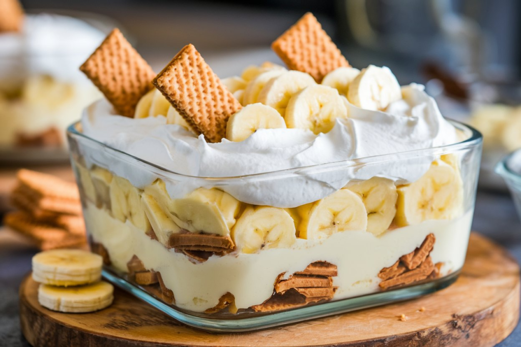 A delicious serving of banana cream pudding with layers of bananas, vanilla wafers, and whipped cream in a glass dish.

