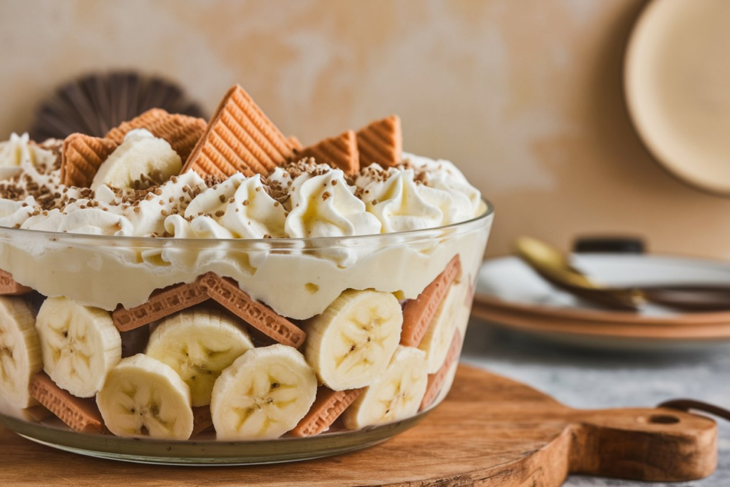 A delicious serving of banana cream pudding with layers of bananas, vanilla wafers, and whipped cream in a glass dish.

