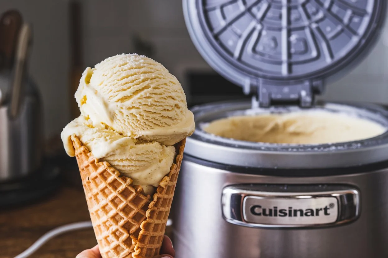 A scoop of homemade vanilla ice cream served in a waffle cone, made using a Cuisinart ice cream maker.