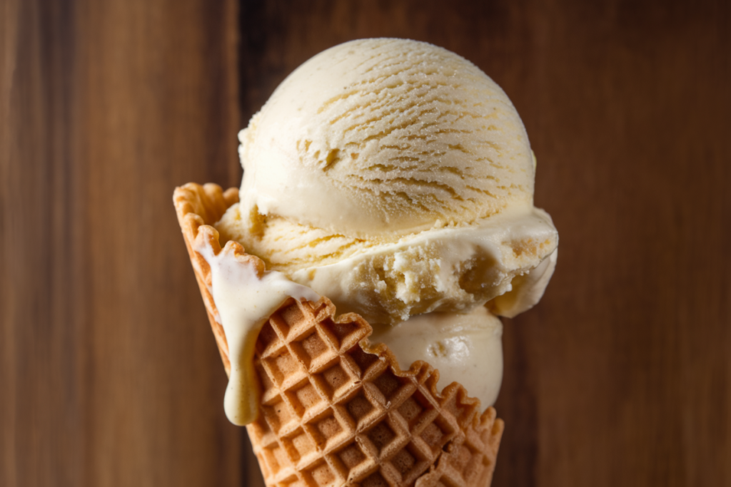 A scoop of homemade vanilla ice cream served in a waffle cone, made using a Cuisinart ice cream maker.

