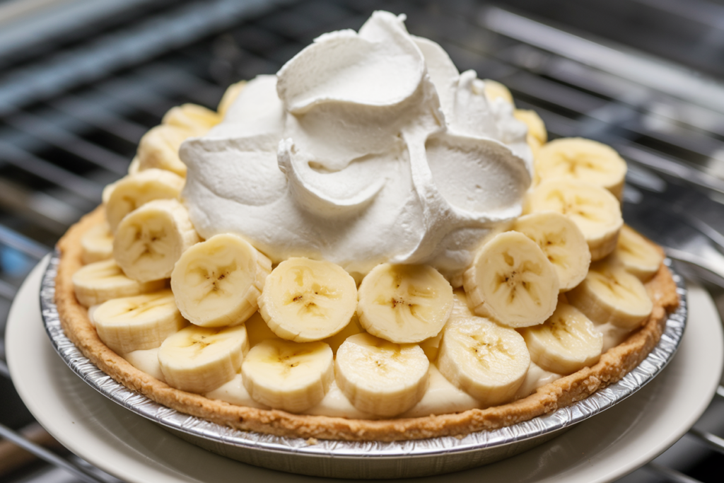 Fresh banana cream pie with perfectly sliced bananas and whipped cream topping, showing no signs of browning.