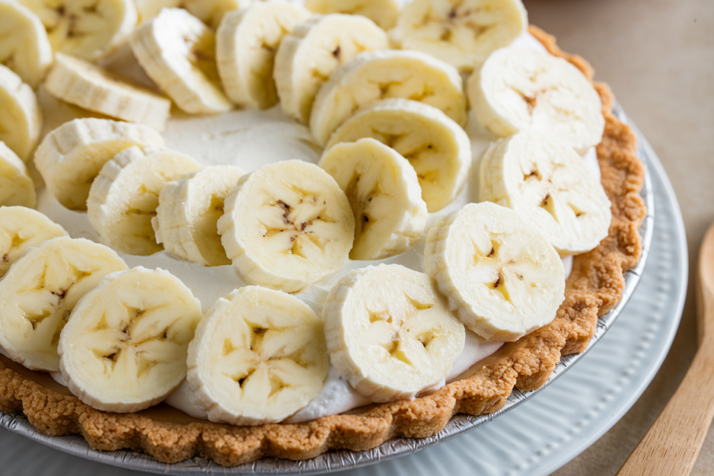 Fresh banana cream pie with perfectly sliced bananas and whipped cream topping, showing no signs of browning.

