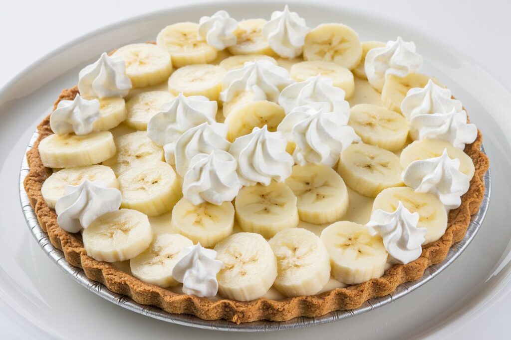 Fresh banana cream pie with perfectly sliced bananas and whipped cream topping, showing no signs of browning.

