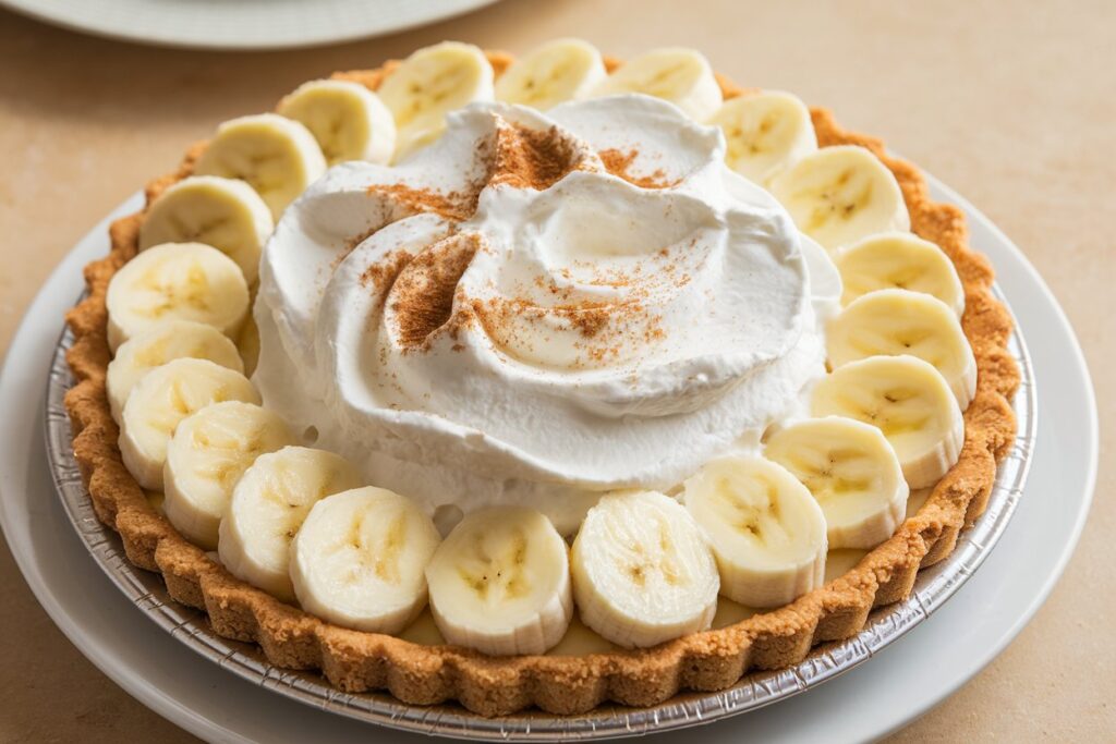 Fresh banana cream pie with perfectly sliced bananas and whipped cream topping, showing no signs of browning.

