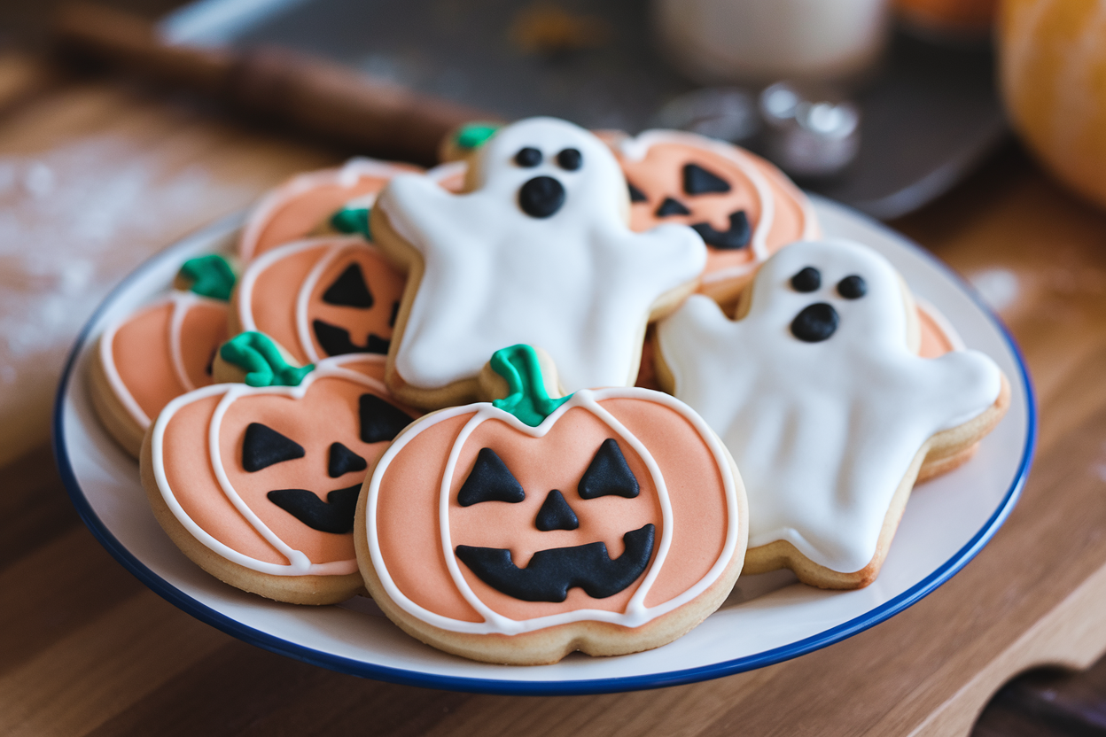 A plate of freshly baked Pillsbury Halloween cookies shaped like pumpkins and ghosts.